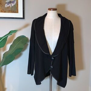 St. John Black Shawl Collar Open Knit Cardigan w/  Leather Trim, Size L